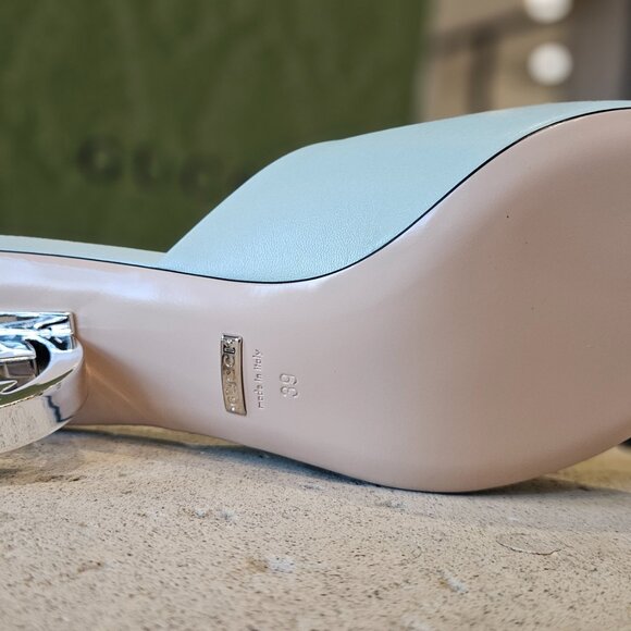 Gucci Interlocking G Heel Sandal 772569 C9D00  3409 Light Green Leather Size 39 - Picture 11 of 11